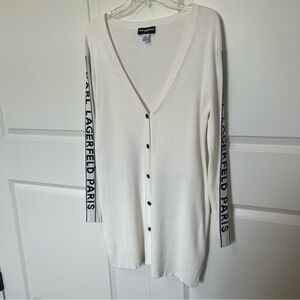 Karl Lagerfeld White Cardigan w/Logo Sleeves, Nautical Preppy, Light Academia